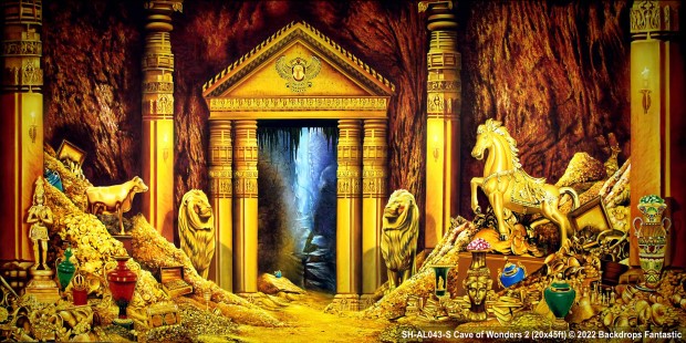 A lavish treasure room with ornate columns, two lion statues, a golden chariot, and various jewels and artifacts spread across the floor. A misty entrance is visible in the background.