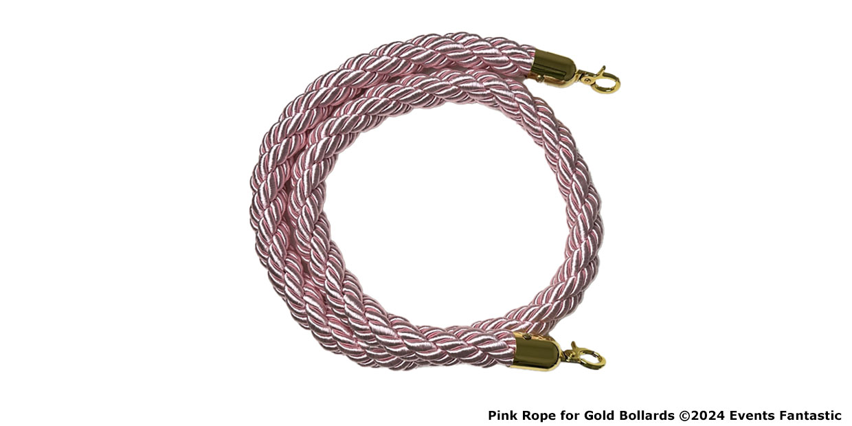 A coiled pink rope with red strands intertwined, featuring elegant gold hooks on both ends, is designed to pair seamlessly with gold bollards.