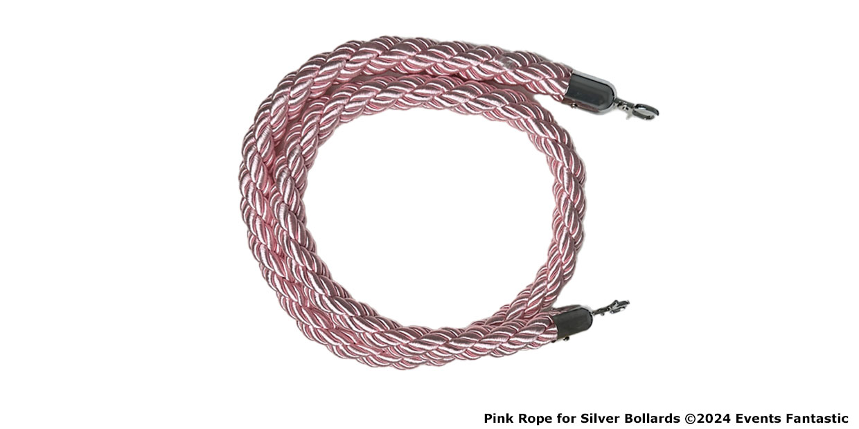A vibrant pink braided rope, accentuated with silver clips on both ends, elegantly coiled in a circle.