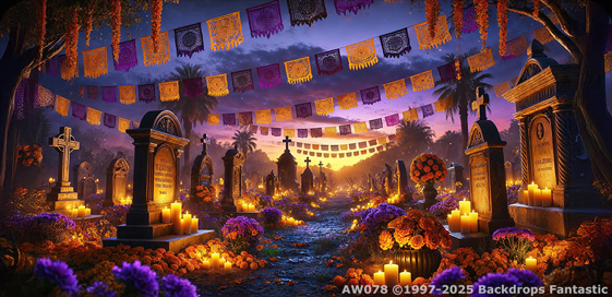 A vibrant graveyard scene with colorful marigold flowers, candles, and papel picado banners during a sunset.