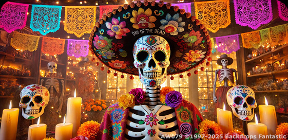 A Day of the Dead display with a skeleton wearing a colorful sombrero, surrounded by candles, flowers, and papel picado, in a festive setting.
