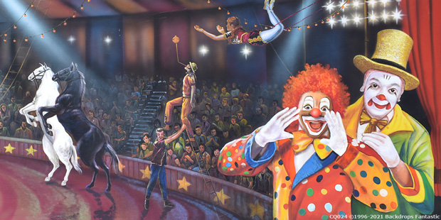 Under the grand Big Top, performing clowns juggle and jest, while daring acrobats soar on a trapeze. Below, horse riders gracefully circle the ring, all to the delight of the cheering audience.