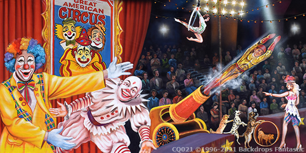 Under the majestic Big Top, a lively circus scene unfolds with clowns juggling merrily, an acrobat twirling through the air, and the thrilling human cannonball act. Nearby, a clown gestures dramatically at a "Great American Circus" poster as captivated spectators fill the stands.