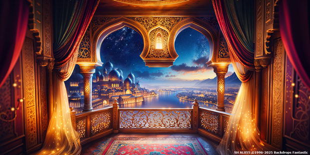Opulent balcony view with intricate arches overlooks a fantasy cityscape at dusk, with glowing buildings and a starry sky.
