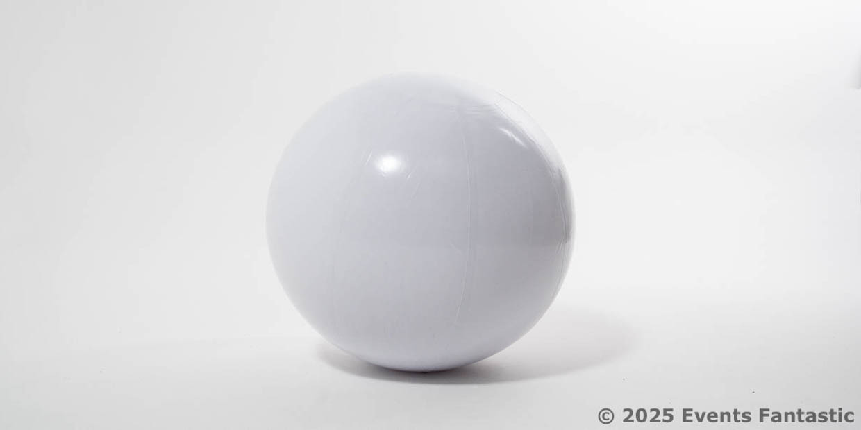 A large, smooth, 60cm Inflatable White Matt Ball rests on a white surface with a faint shadow; copyright text appears in the bottom right corner.