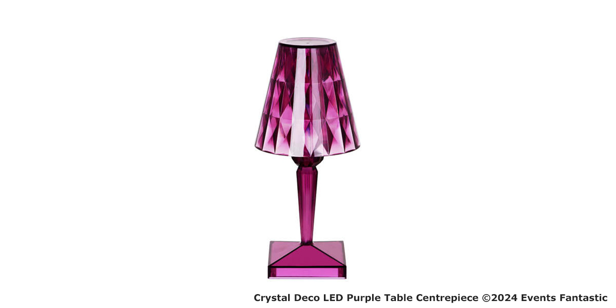 A purple crystal LED table lamp with a faceted design, perfect as a striking Purple Centrepiece or Crystal Deco accent, shown against a white background.