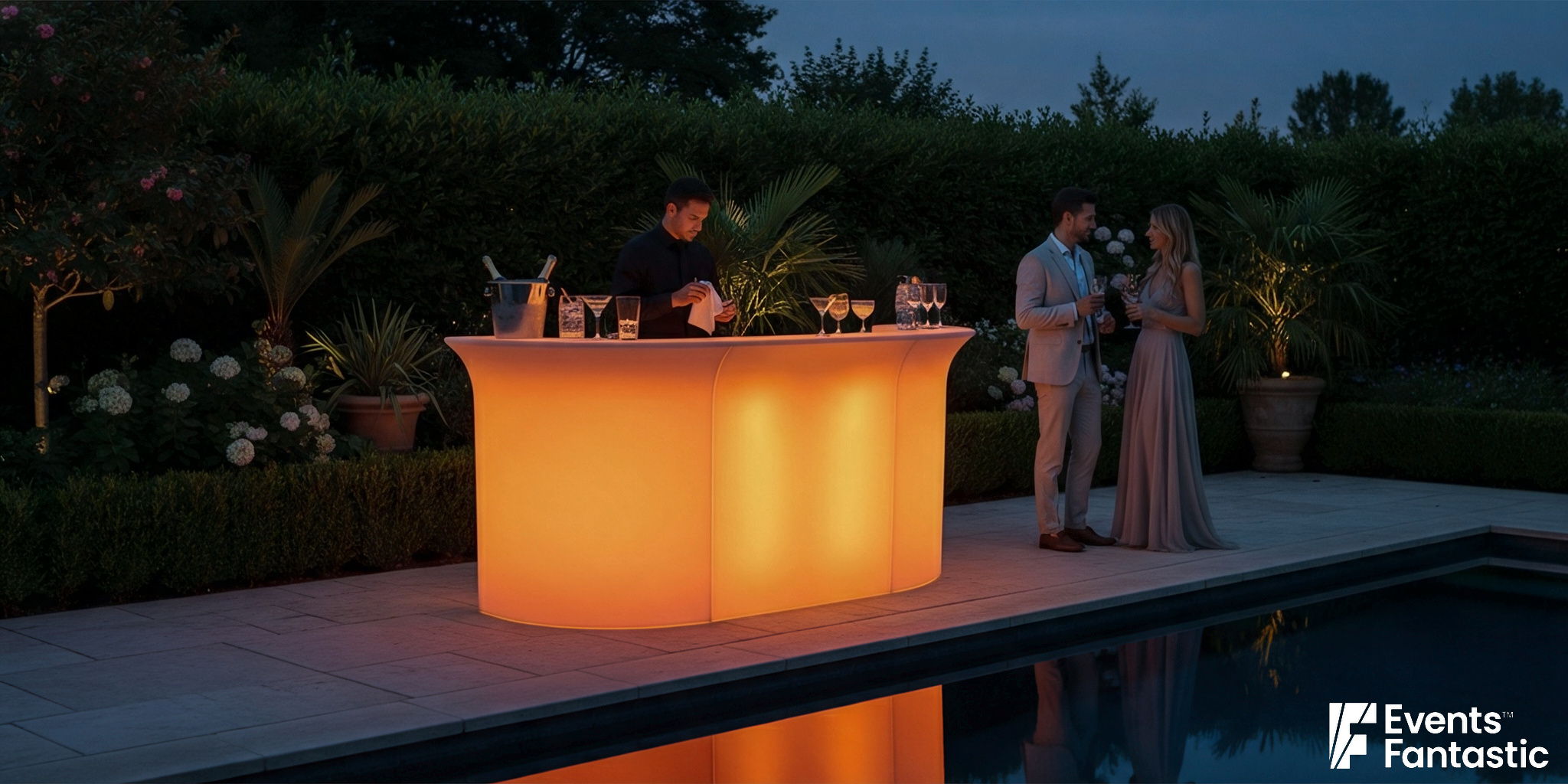 A bartender stands behind an Illuminated Glow Bar by a pool at dusk, while a man and woman in formal attire converse nearby.