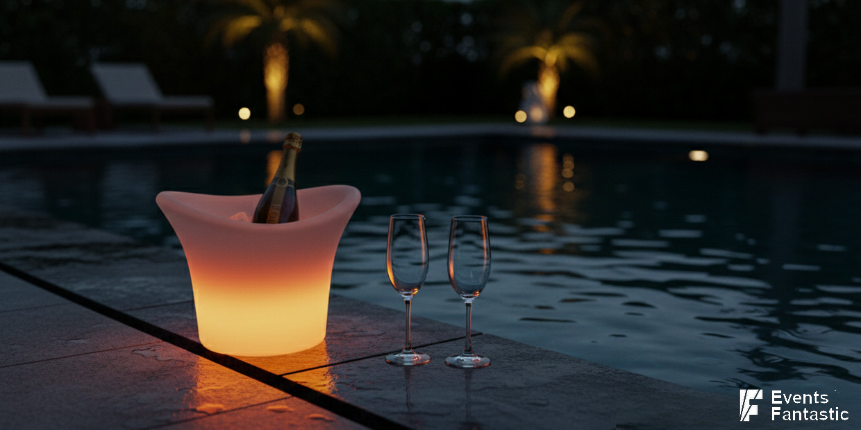 An illuminated ice bucket holding champagne and two empty glasses glows by the pool’s edge at night, framed by lounge chairs and palm trees.