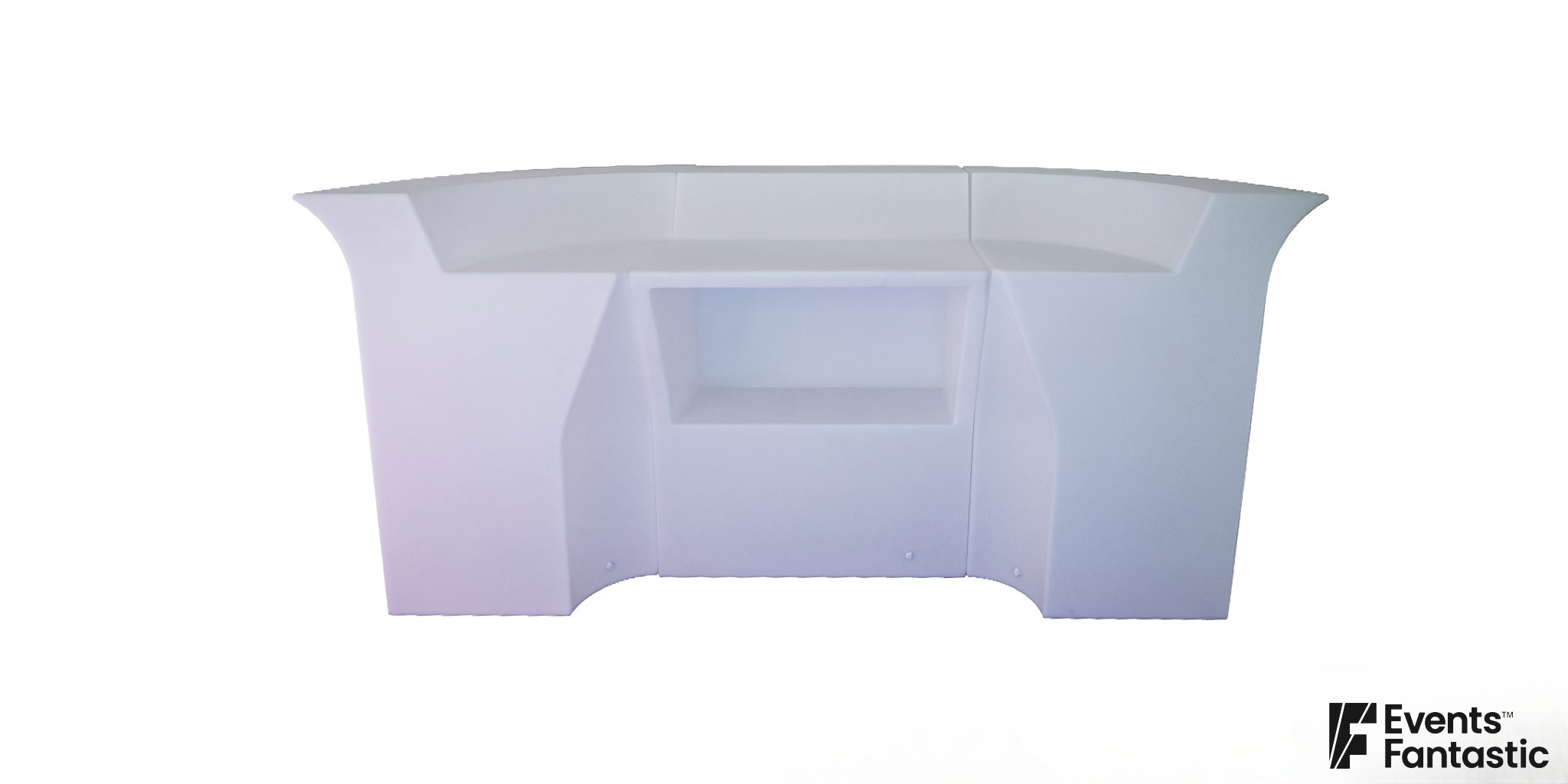 A white, 3 Piece Glow Bar with a central shelf is illuminated and viewed from the front against a plain background.