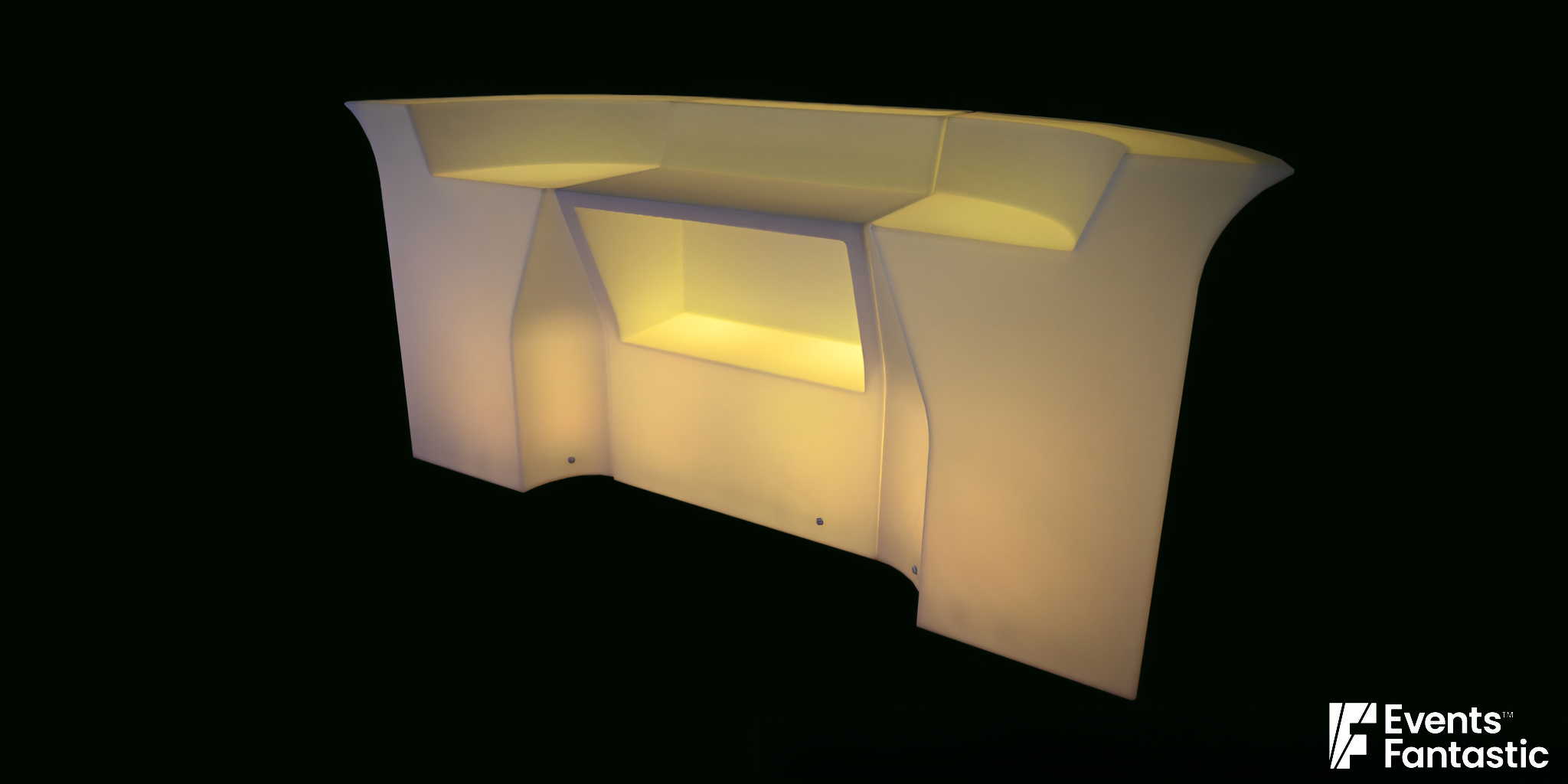 A three-piece Illuminated Glow Bar emits soft yellow light against a black background. Text at the bottom reads "Illuminated Glow Bar 3 Piece ©2024 Events Fantastic.
