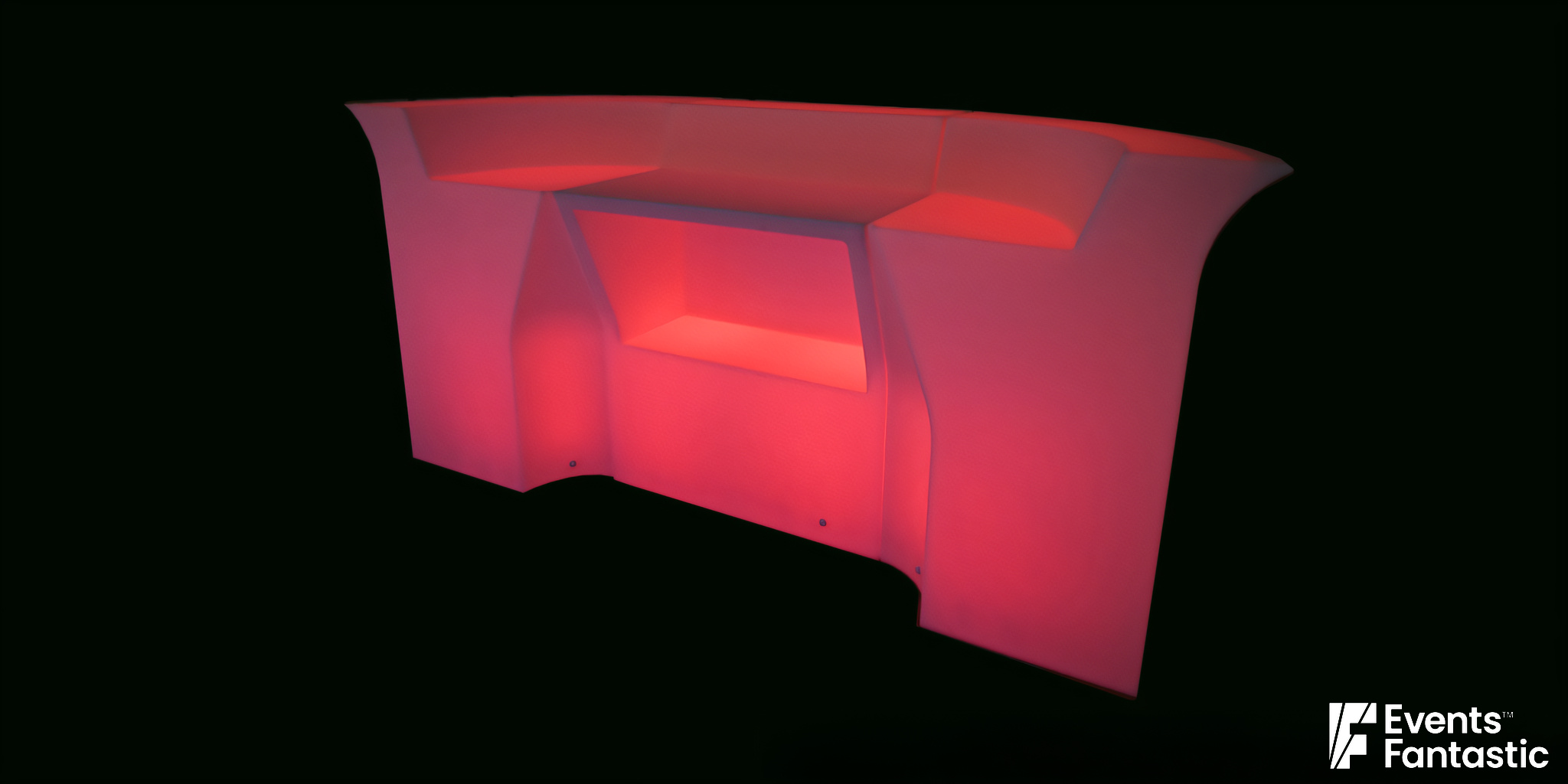 A three-piece Illuminated Glow Bar emits a pinkish-red light against a black background. Text at the bottom reads "Illuminated Glow Bar 3 Piece ©2024 Events Fantastic.