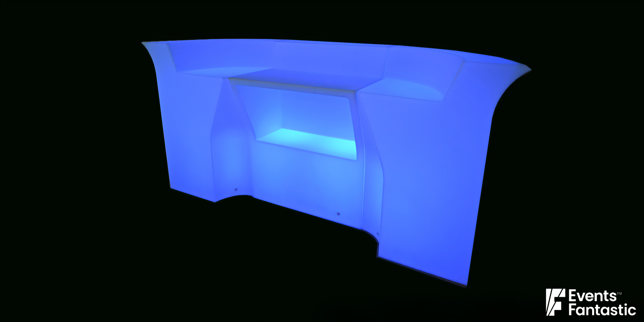 A three-piece Illuminated Glow Bar shines blue light against a black background. Text at the bottom reads, "Illuminated Glow Bar 3 Piece ©2024 Events Fantastic.