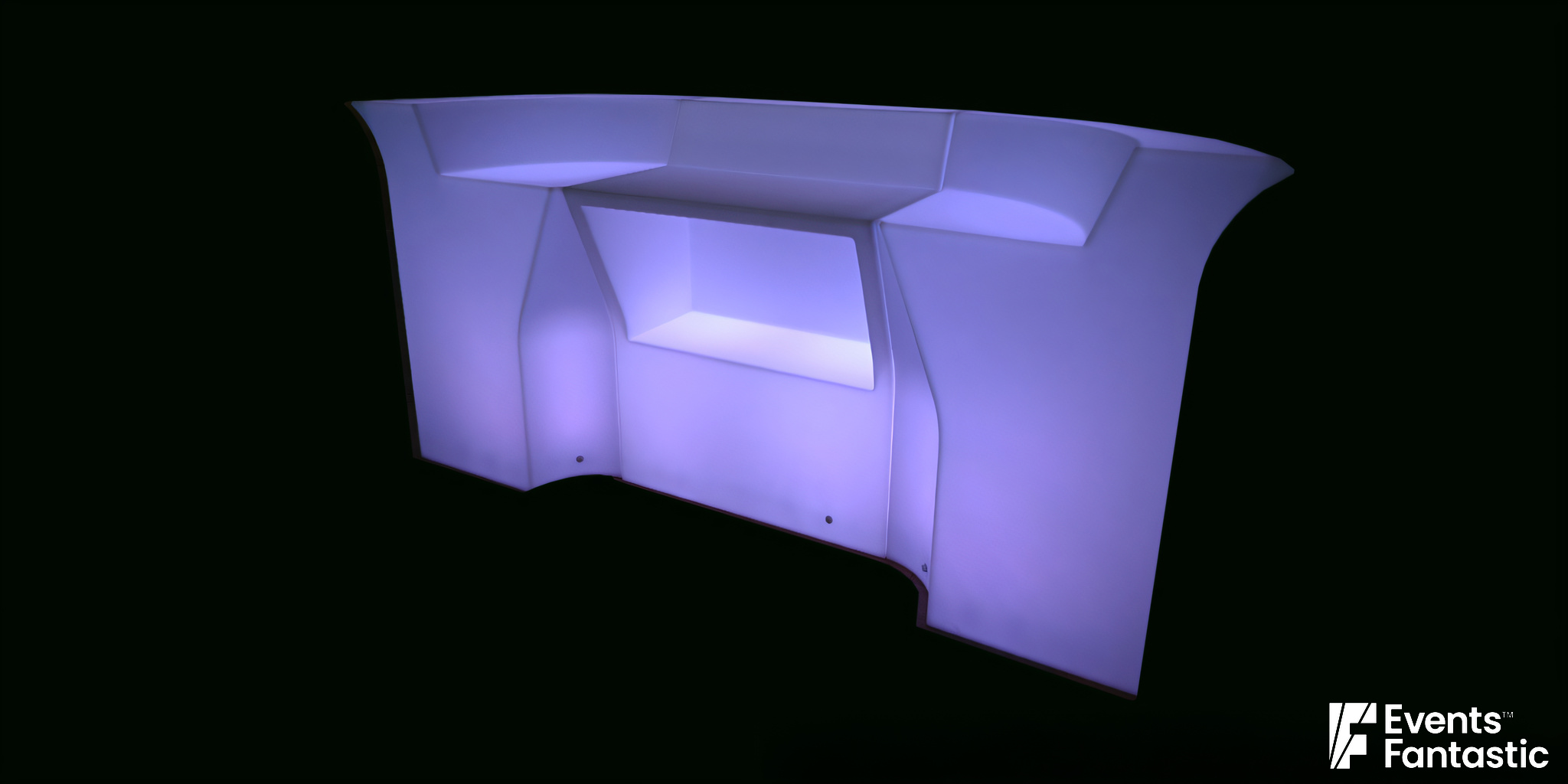 A three-piece Illuminated Glow Bar emits a soft purple light against a dark background. Text in the corner reads, “Illuminated Glow Bar 3 Piece ©2024 Events Fantastic.”.