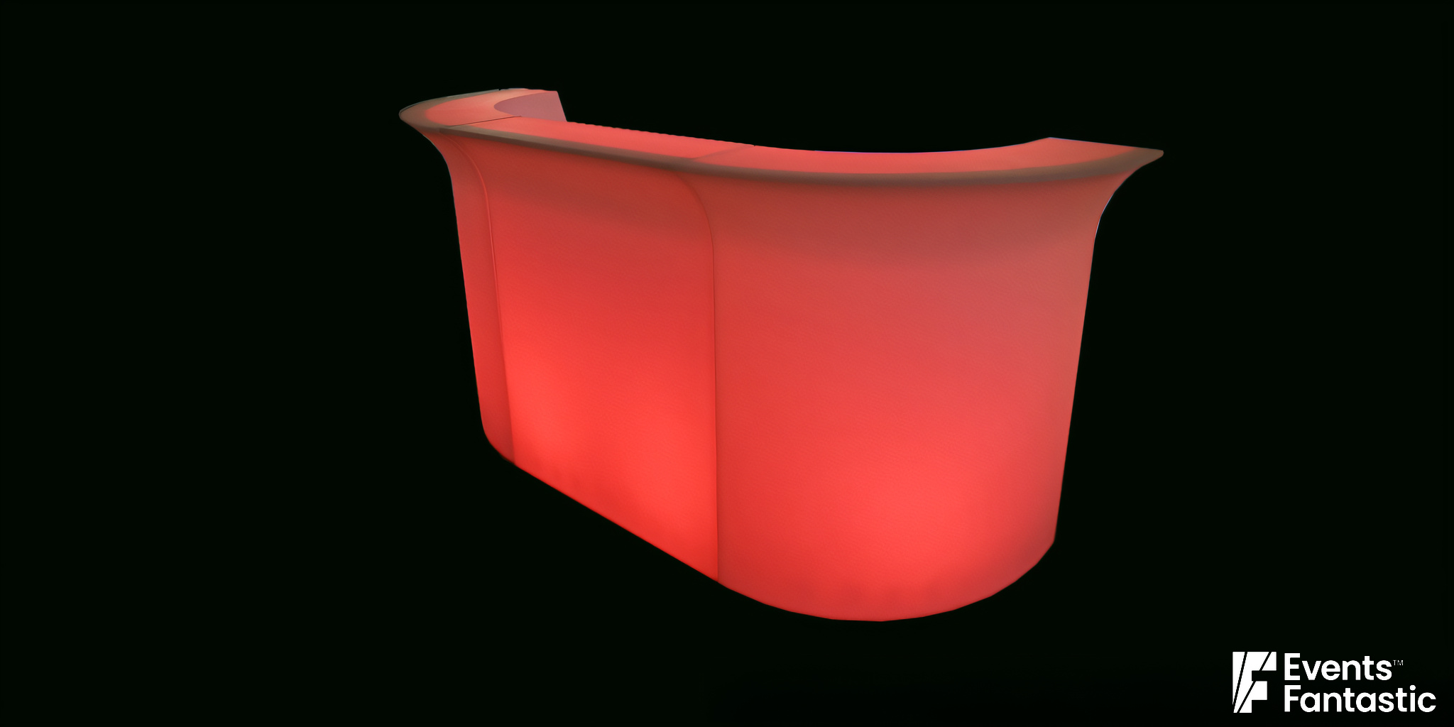 A three-piece Illuminated Glow Bar glows red against a black background. Text at the bottom reads: "Illuminated Glow Bar 3 Piece ©2024 Events Fantastic.