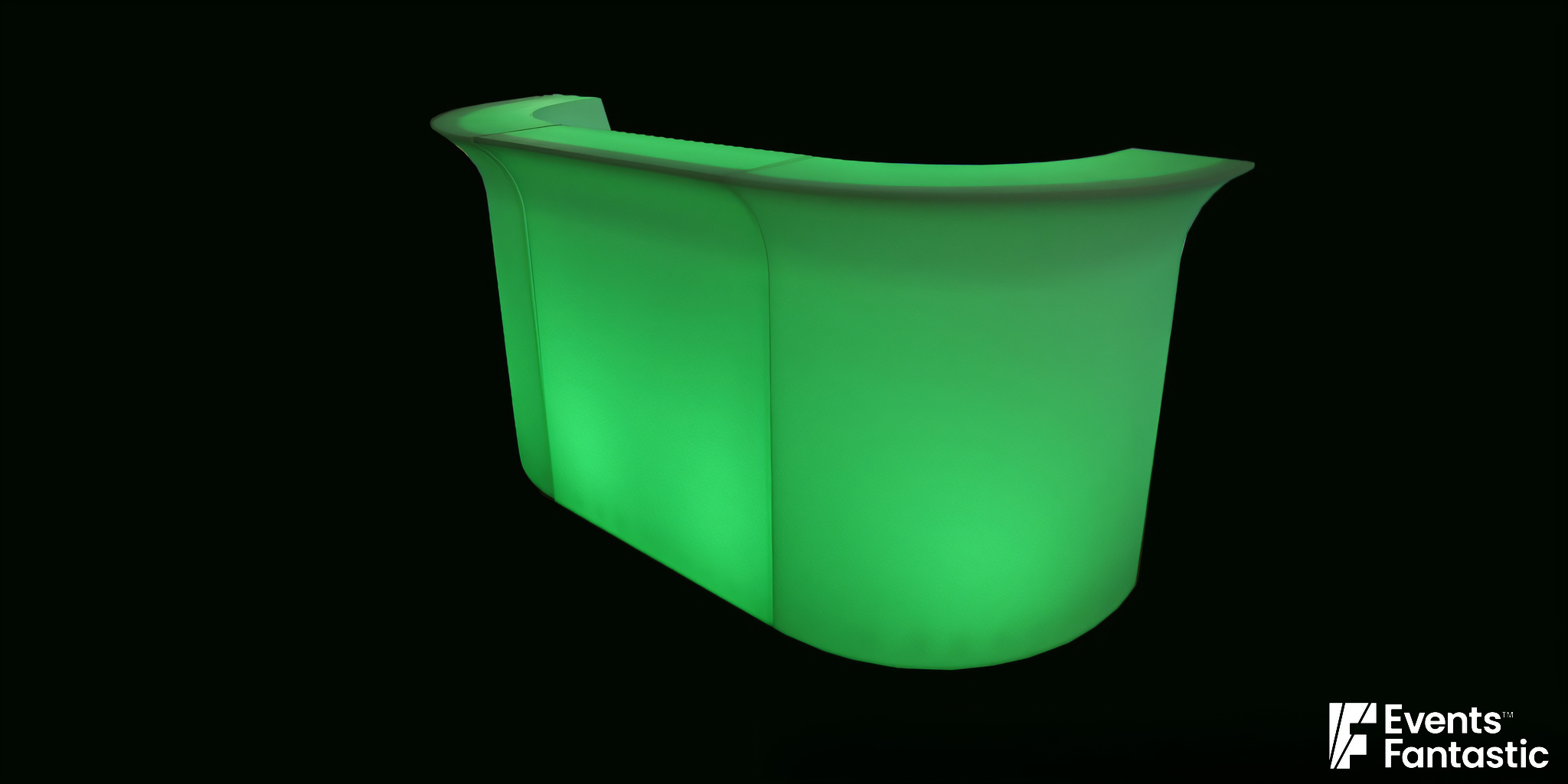 A three-piece Illuminated Glow Bar with a curved shape glows green against a black background. Text at the bottom right credits Events Fantastic, 2024.
