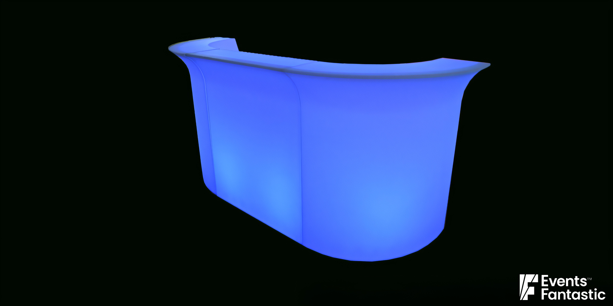 A 3 Piece Illuminated Glow Bar emits a vivid blue light against a black background. In the corner, text reads: "Illuminated Glow Bar 3 Piece ©2024 Events Fantastic.