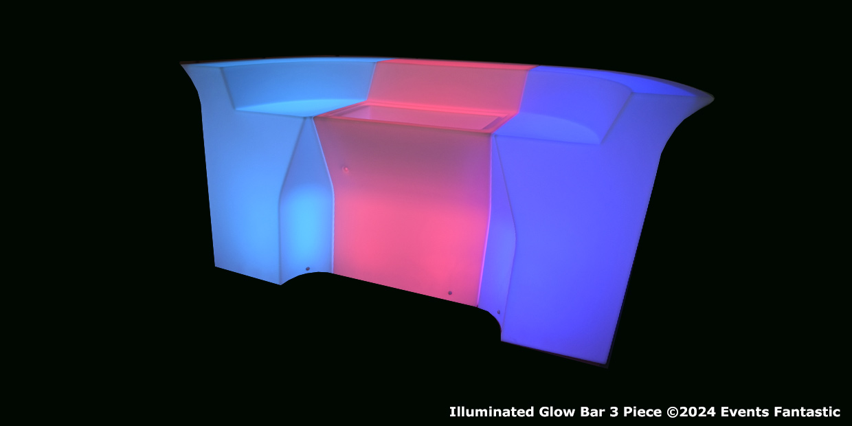A three-piece Glow Bar emits vibrant blue and pink light against a black background. Text at the bottom reads, "Illuminated Glow Bar 3 Piece ©2024 Events Fantastic.