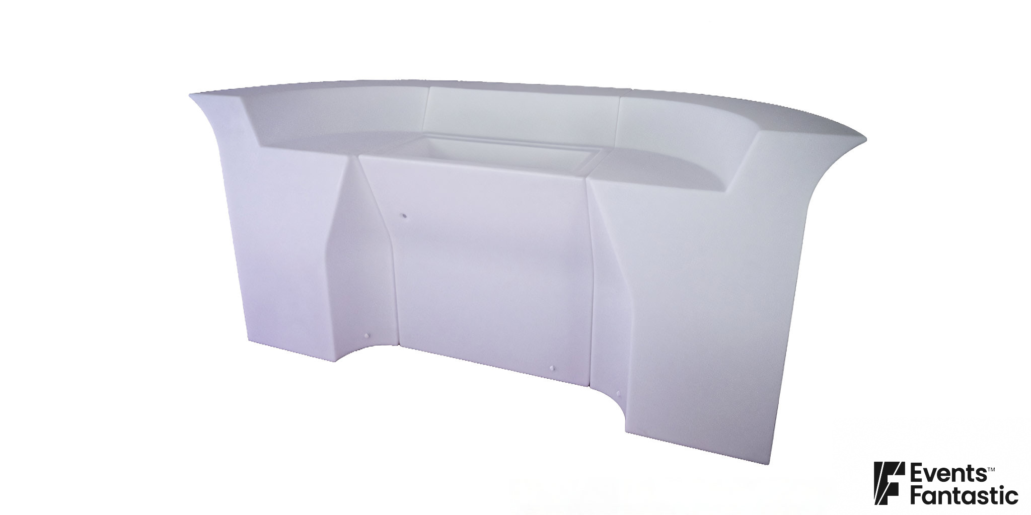 A 3 Piece Illuminated Glow Bar with a curved front, white finish, and angular side panels, placed against a plain white background.