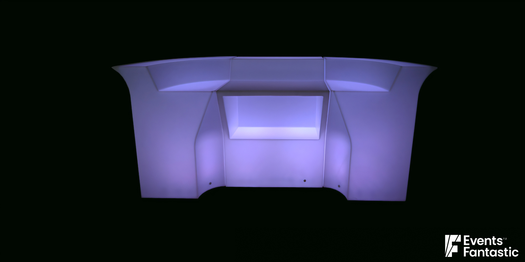 A three-piece Illuminated Glow Bar with curved edges, lit in soft purple light, is displayed against a black background.