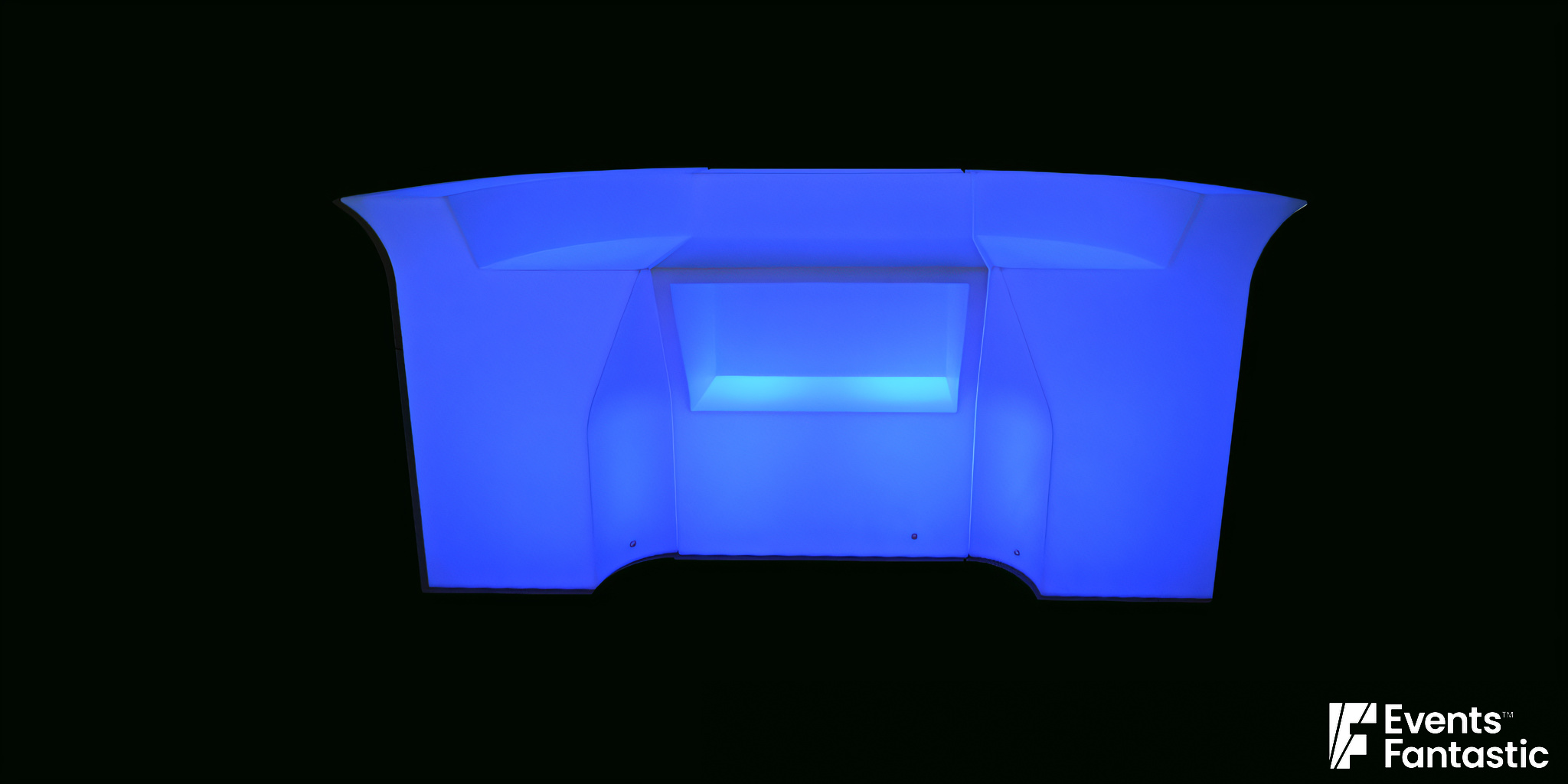 Rectangular, three-piece Illuminated Glow Bar with vibrant blue lighting, set against a black background. Text reads: “Illuminated Glow Bar 3 Piece ©2024 Events Fantastic.”.