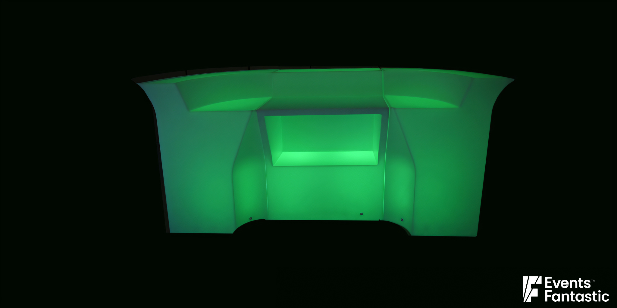 A 3 Piece Set of illuminated glow bars emits green light against a black background. Text at bottom right reads: "Illuminated Glow Bar 3 Piece ©2024 Events Fantastic".