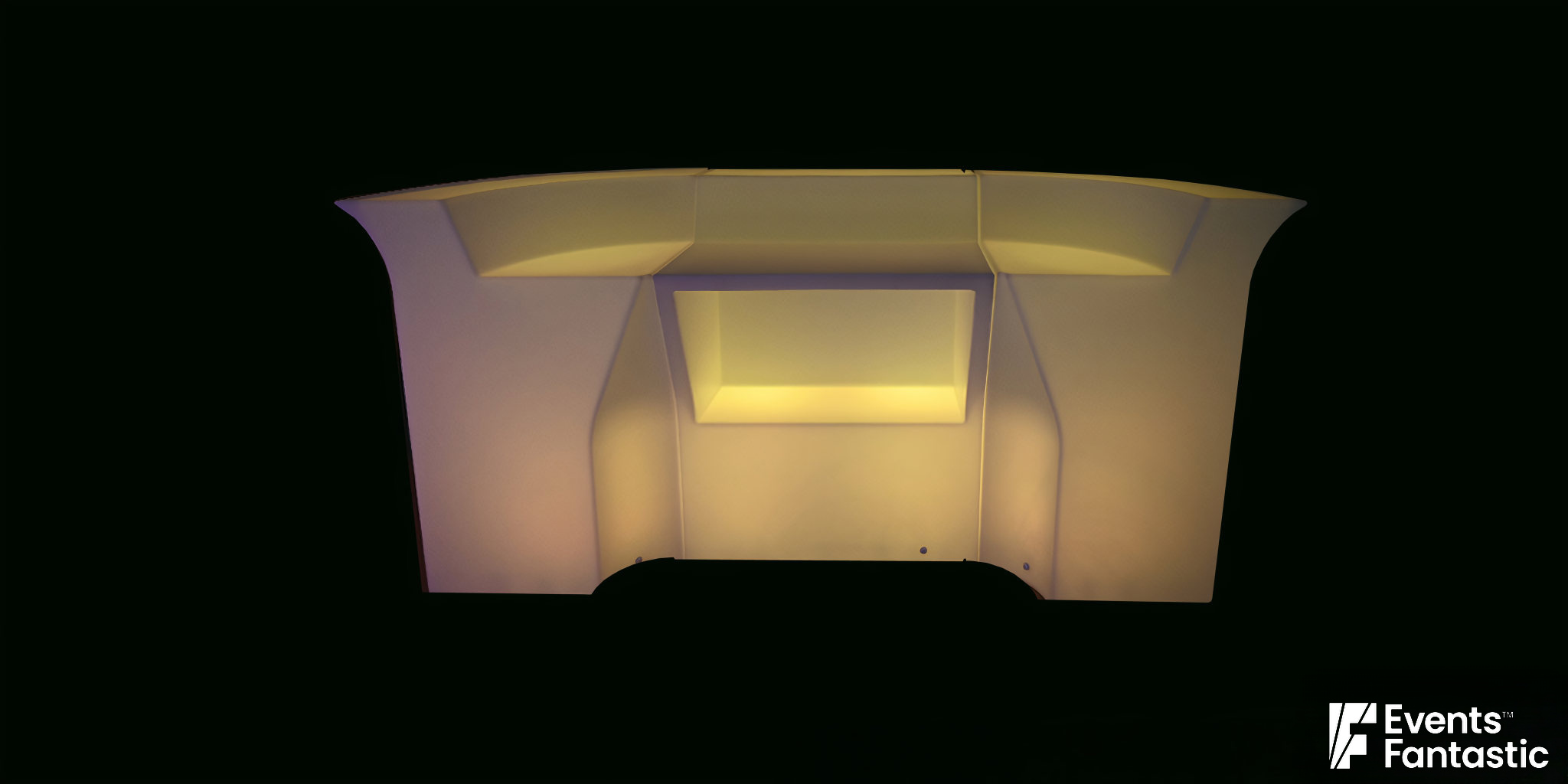 A three-piece Illuminated Glow Bar with a recessed center shelf, shown against a black background. Text reads: "Illuminated Glow Bar 3 Piece ©2024 Events Fantastic.
