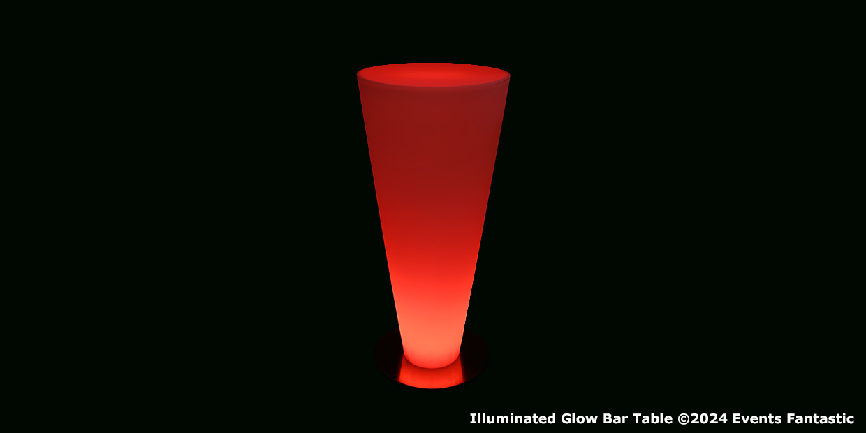 Tall, cone-shaped Cocktail Dry Bar table illuminated with a red glow against a black background. "Illuminated Glow Bar Table ©2024 Events Fantastic" text at the bottom right.