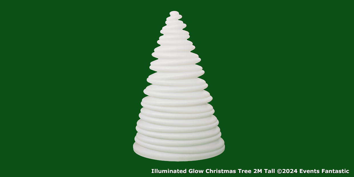A white, spiral-ridged, cone-shaped 2m Tall Christmas Tree stands illuminated against a solid green background.