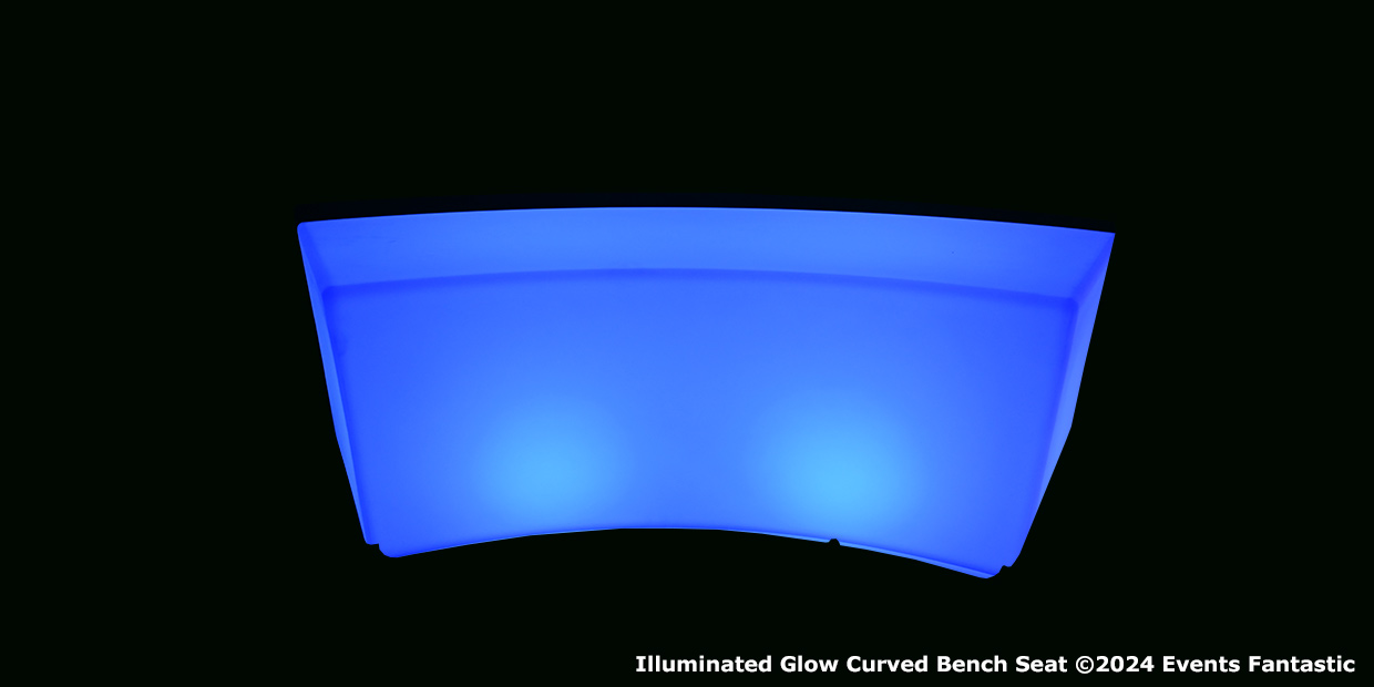 Curved bench seat illuminated with blue light, set against a black background. Text in the corner reads: “Illuminated Glow Curved Bench Seat ©2024 Events Fantastic.” This illuminated bench creates a striking ambiance.