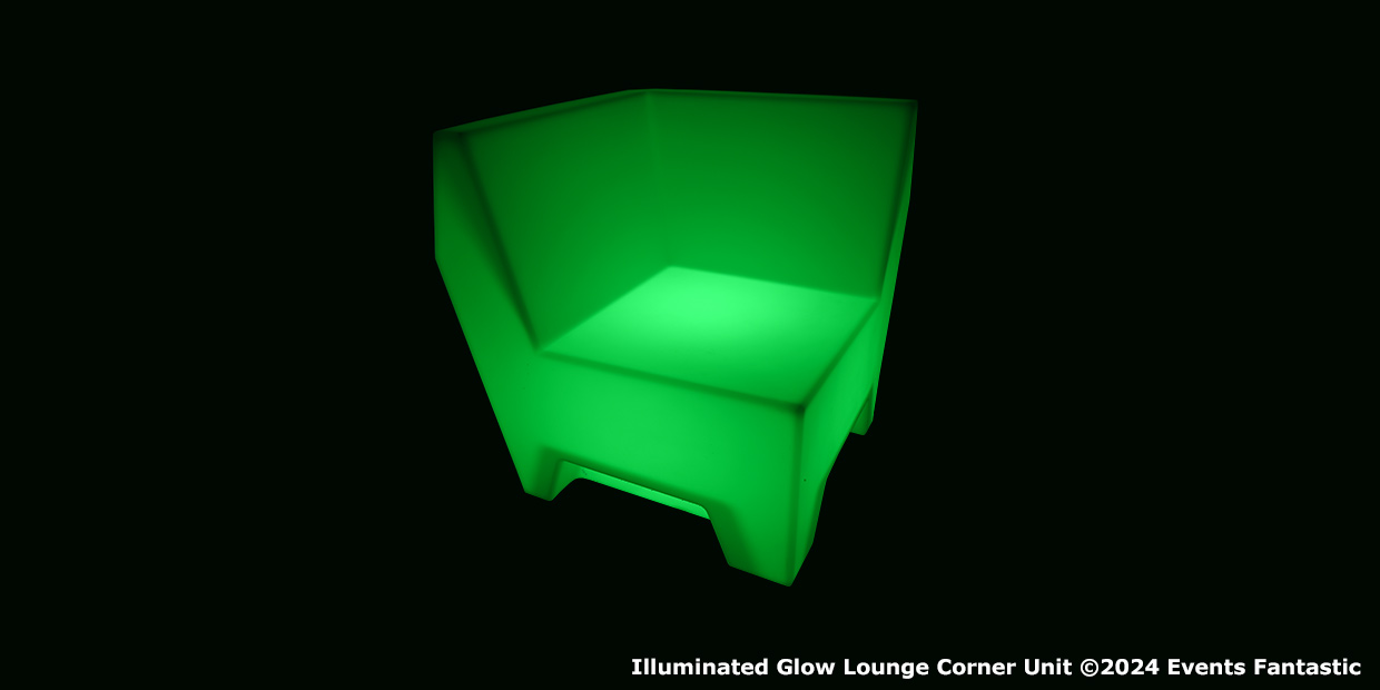 Green illuminated lounge chair, a striking illuminated furniture corner piece, is positioned against a black background. Text at the bottom reads, “Illuminated Glow Lounge Corner Unit ©2024 Events Fantastic.”.