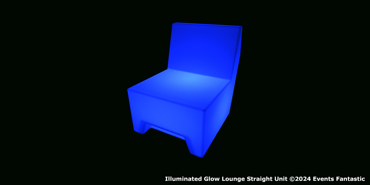 A modern, boxy illuminated couch glows bright blue against a black background. Text at the bottom reads, "Illuminated Glow Lounge Straight Unit ©2024 Events Fantastic.