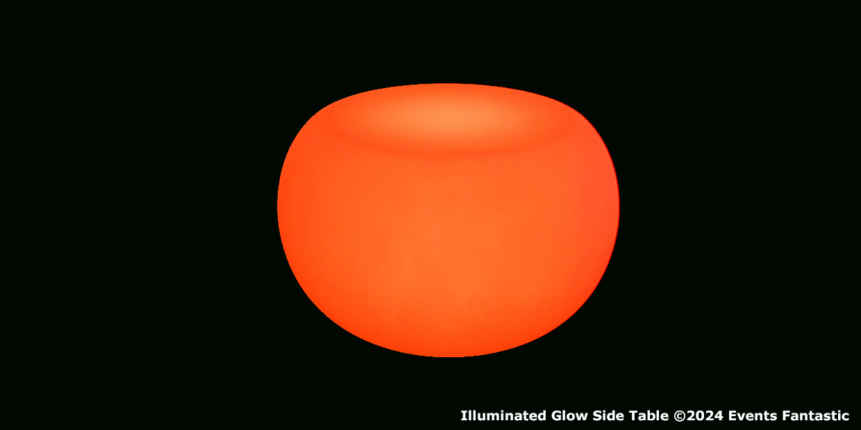 A spherical, orange illuminated side table glows brilliantly against a black background. Text at the bottom reads "Illuminated Glow Side Table ©2024 Events Fantastic.