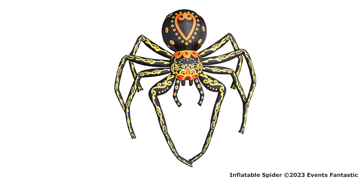 A large, black inflatable spider with yellow and orange decorative patterns on its body and legs—perfect as a spooky Halloween decoration alongside your inflatable pumpkin or Inflatable Jack O Lantern.