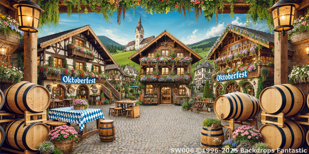 Cobblestone village square decorated for Oktoberfest, with wooden barrels, flower boxes, tables, and alpine houses in the background.