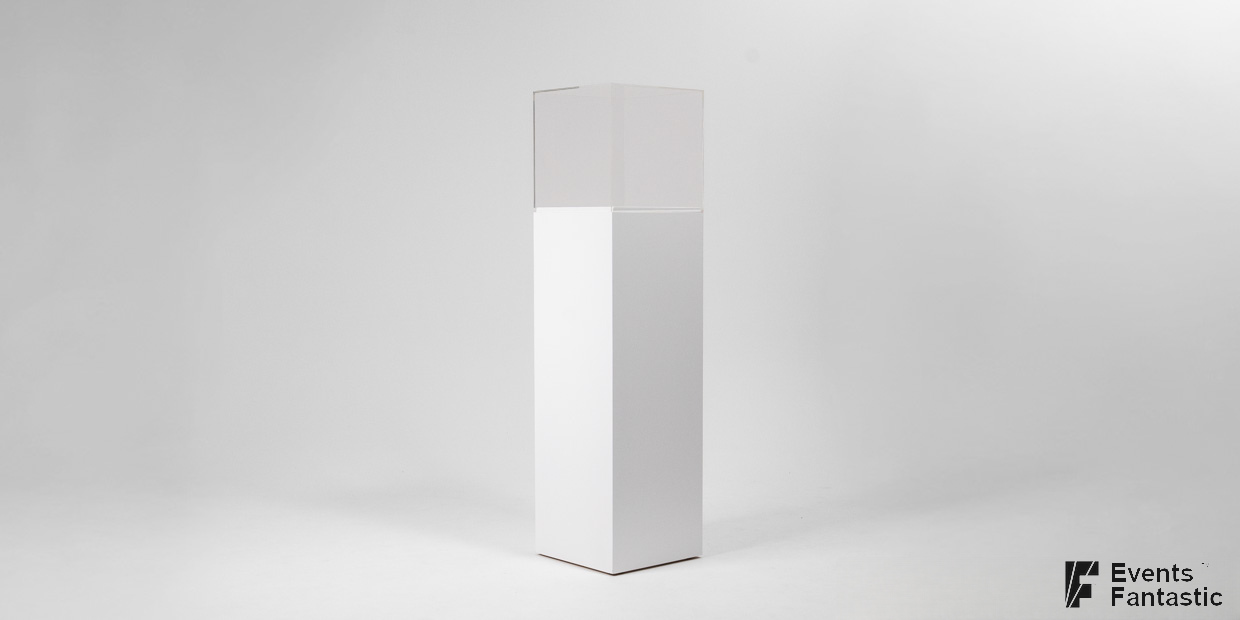 A tall, 1.2m white plinth with a clear acrylic case on top stands against a plain white background.