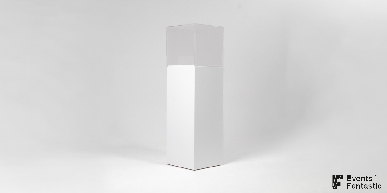 A tall white Perspex plinth with a clear acrylic case on top, set against a plain white background. "© 2025 Events Fantastic" is in the bottom right corner.