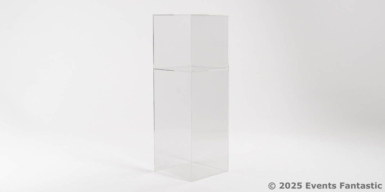 Clear acrylic rectangular pedestal, ideal as an 80cm plinth or Perspex plinth, on a white background. The pedestal is tall and transparent, with sharp edges and smooth surfaces. “© 2025 Events Fantastic” appears in the bottom right corner.