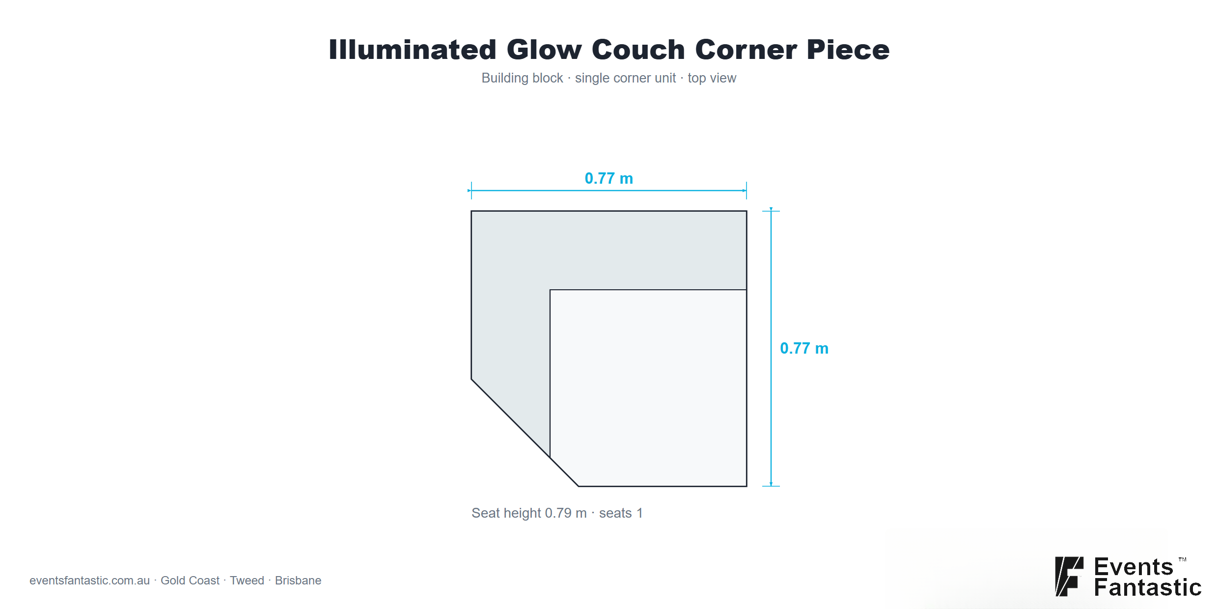 Illuminated Glow Couch Corner Piece size chart (top-down dimensions)