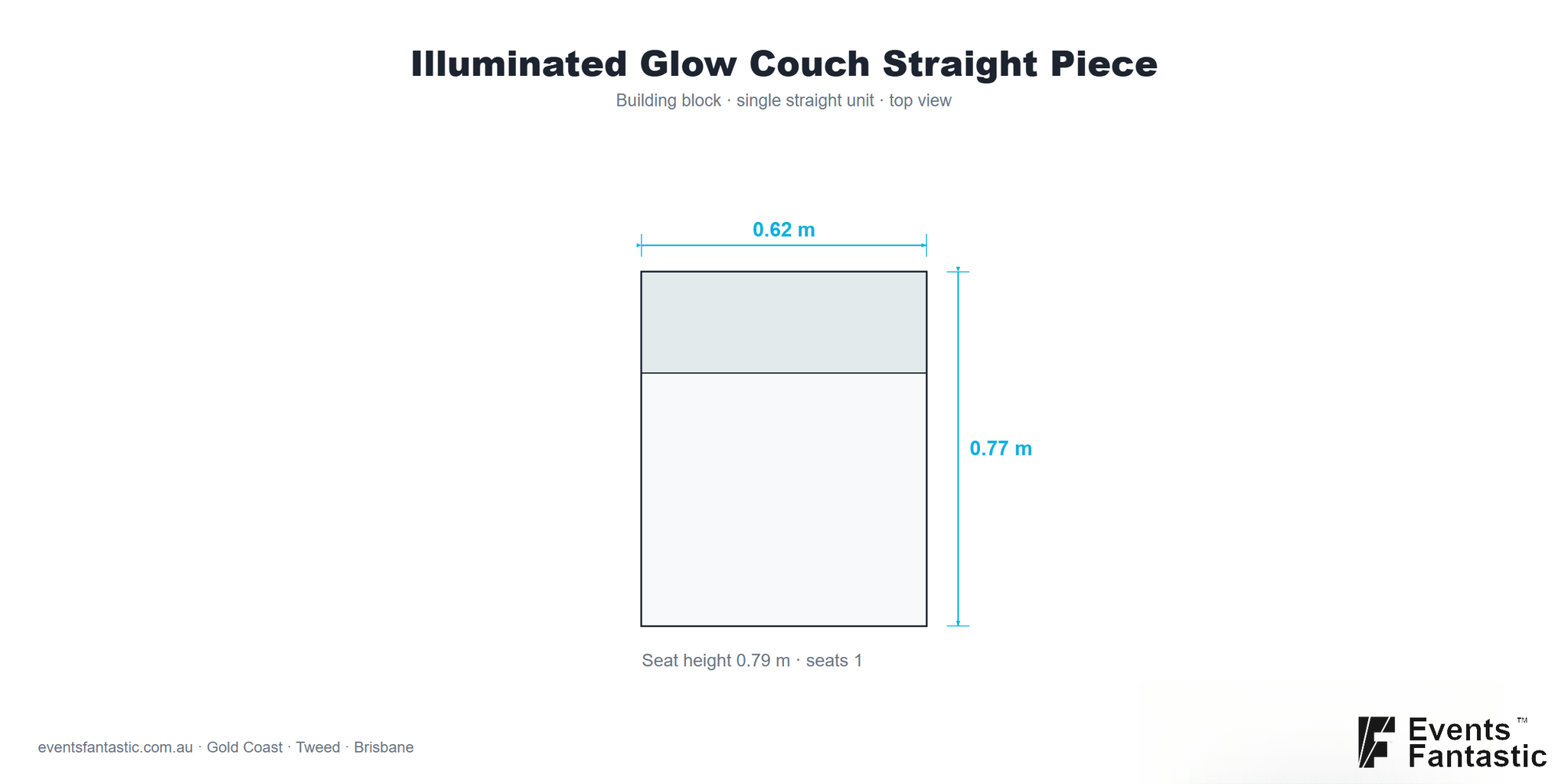 Illuminated Glow Couch Straight Piece size chart (top-down dimensions)