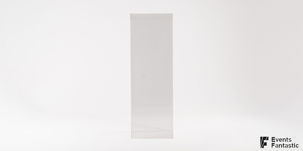 A clear rectangular acrylic pedestal stands upright against a plain white background. Available to hire from Events Fantastic.