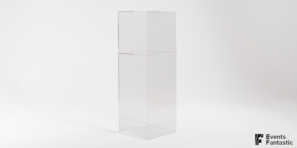 Clear acrylic rectangular pedestal, ideal as an 80cm plinth or acrylic plinth, on a white background. The pedestal is tall and transparent, with sharp edges and smooth surfaces. “© 2025 Events Fantastic” appears in the bottom right corner. Available to hire.