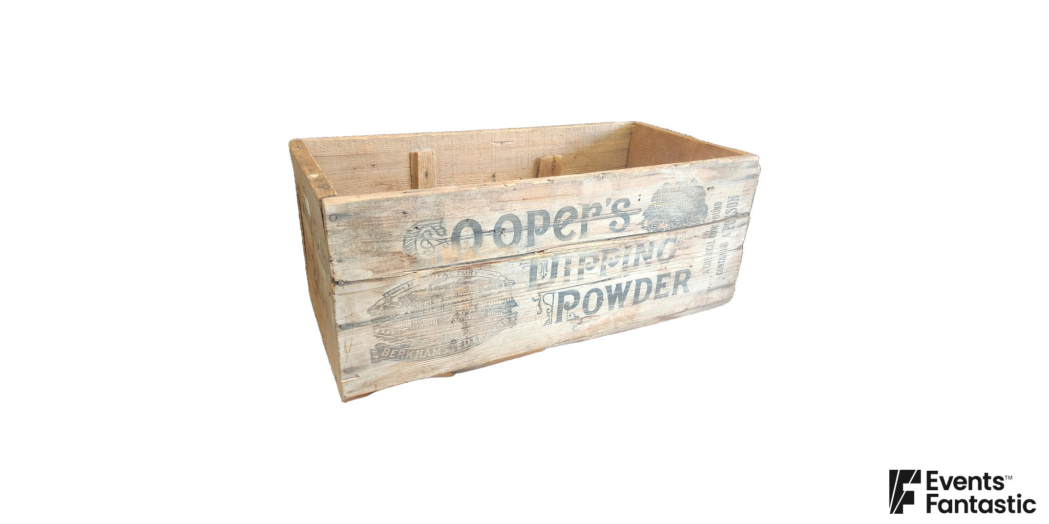 Weathered vintage timber crate photographed on white, open topped with faded original lettering along one long side. Available to hire.
