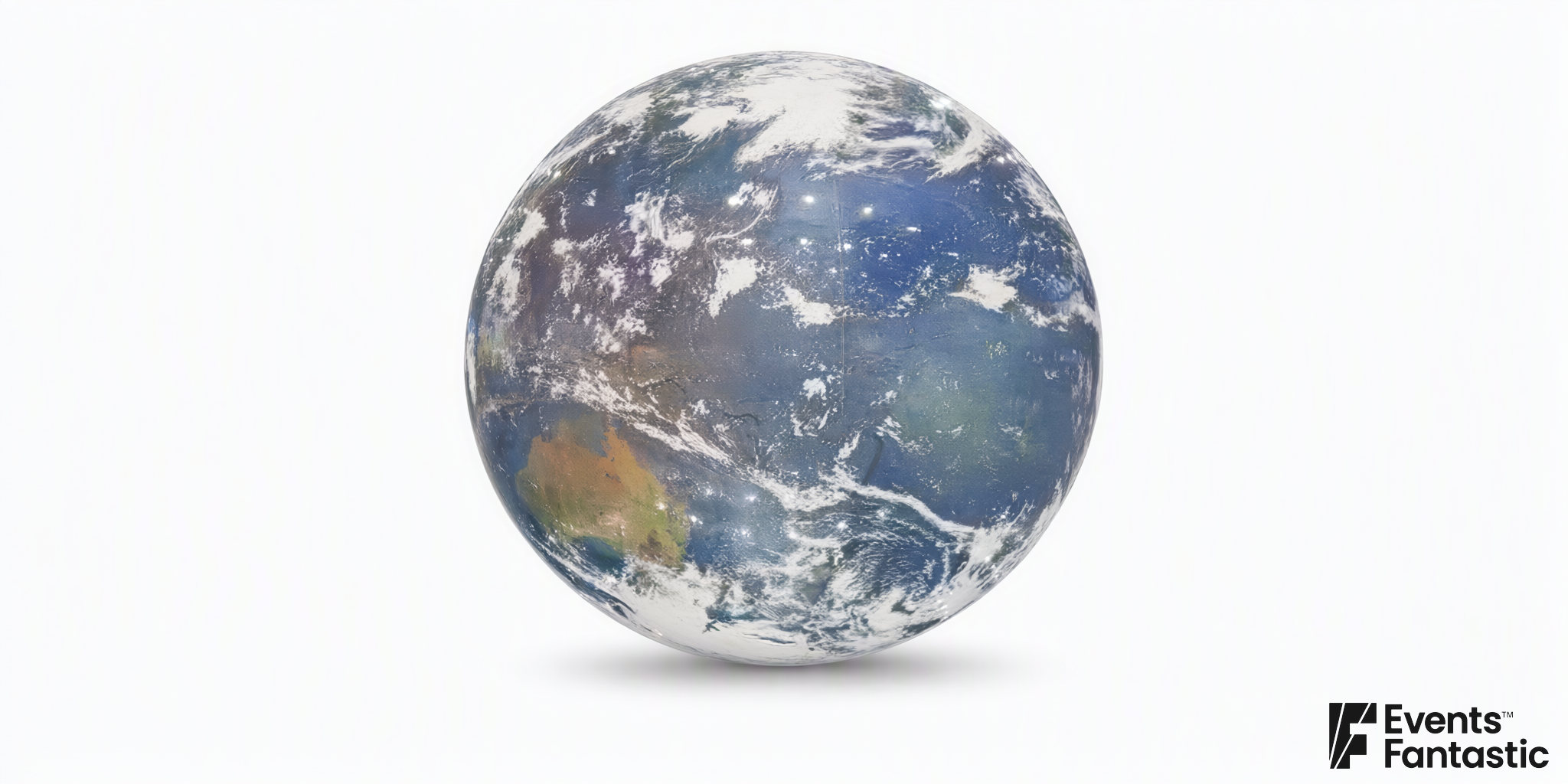 Earth globe inflatable 3m with a photographic print of blue oceans, white cloud and Australia, on a white background. Available to hire.