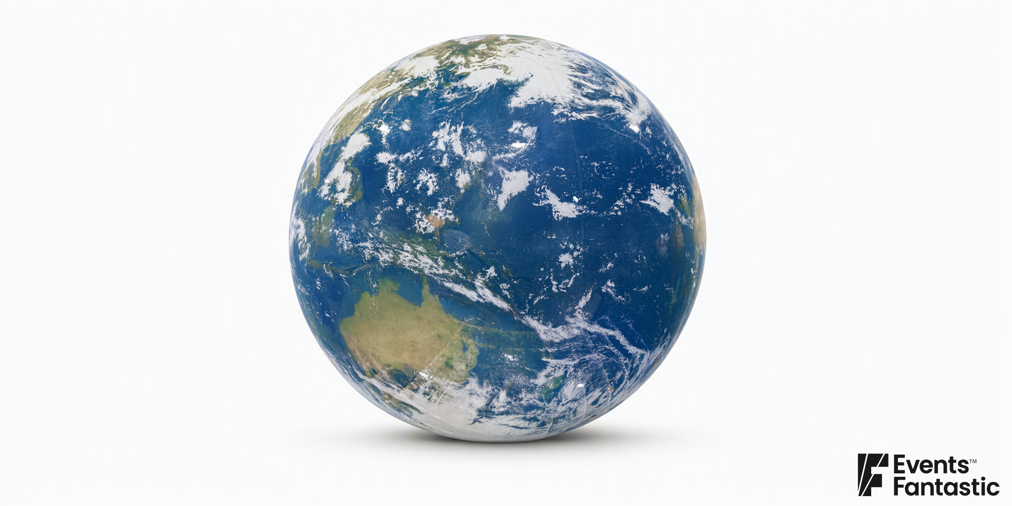 Earth Globe Inflatable 4m printed with blue oceans, white cloud and Australia, a giant hanging globe available to hire.