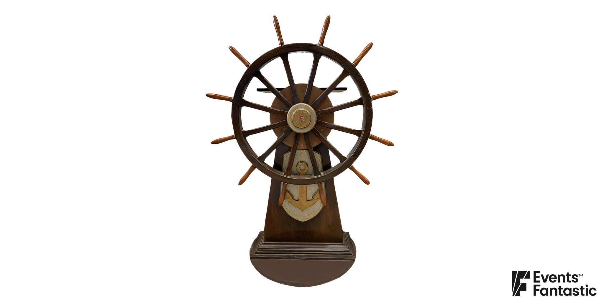 Ship-wheel themed lectern with a spoked wheel, central hub, anchor plaque and tapered pedestal on a stepped base.