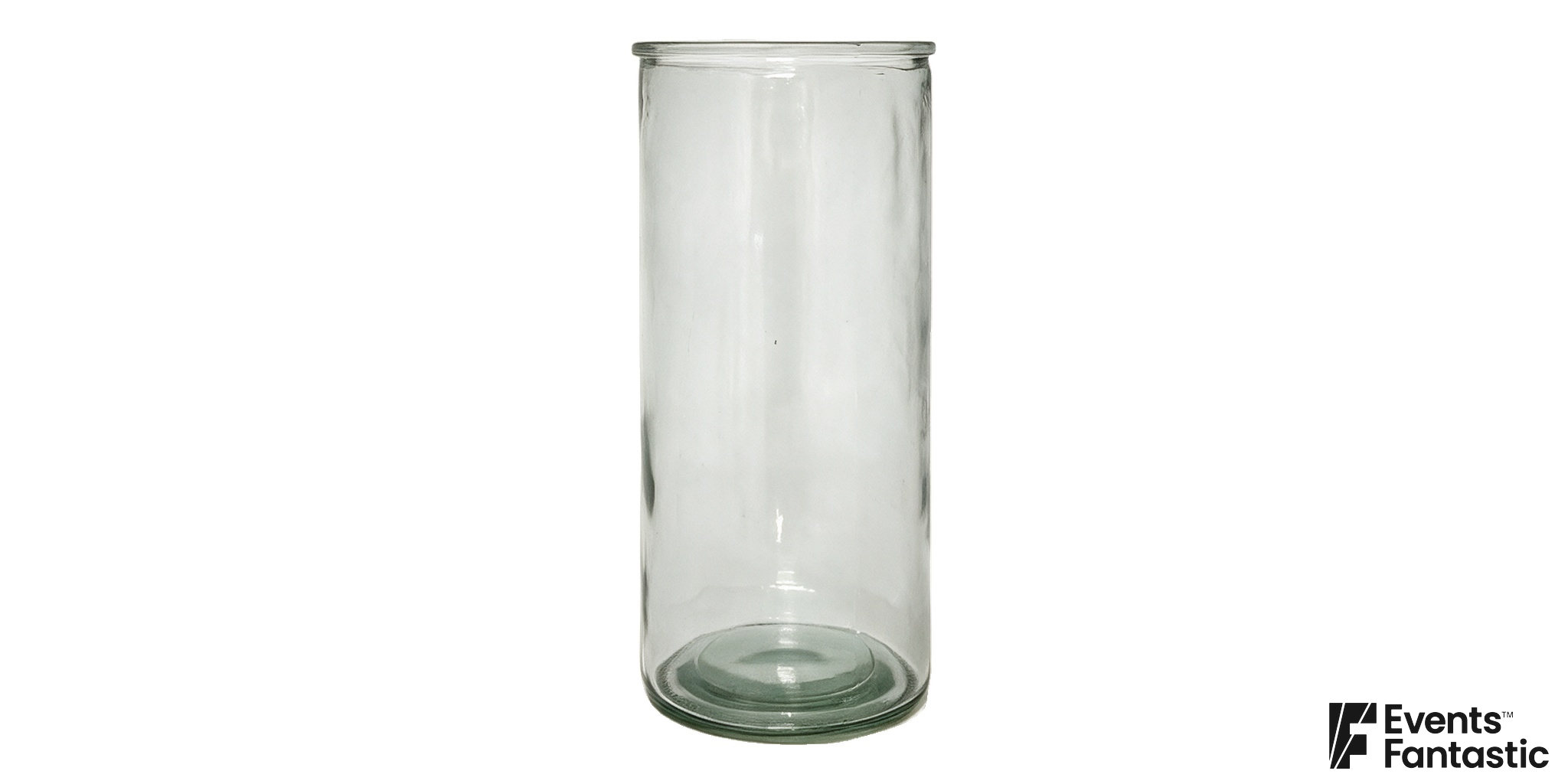Green-tinted cylindrical glass vase with a rolled rim and ringed base, shown upright on white.