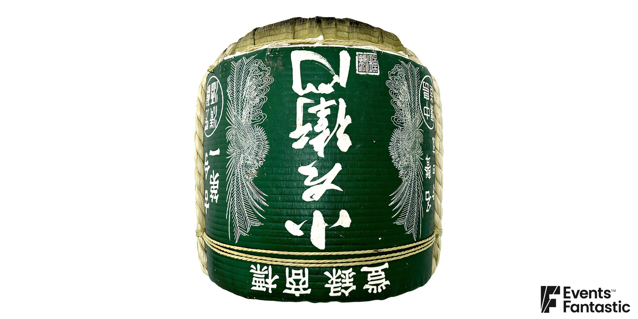 Green Japanese Sake Barrel in dark forest green with white brush calligraphy, fine phoenix motifs and a woven wrap tied with rope, available to hire.