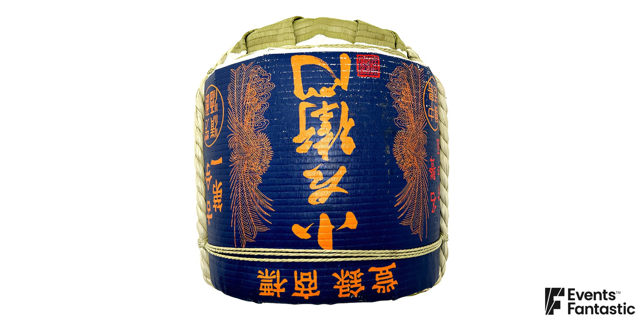 Blue Japanese Sake Barrel in deep blue with orange brush calligraphy and phoenix motifs above a woven, rope bound base, available to hire.