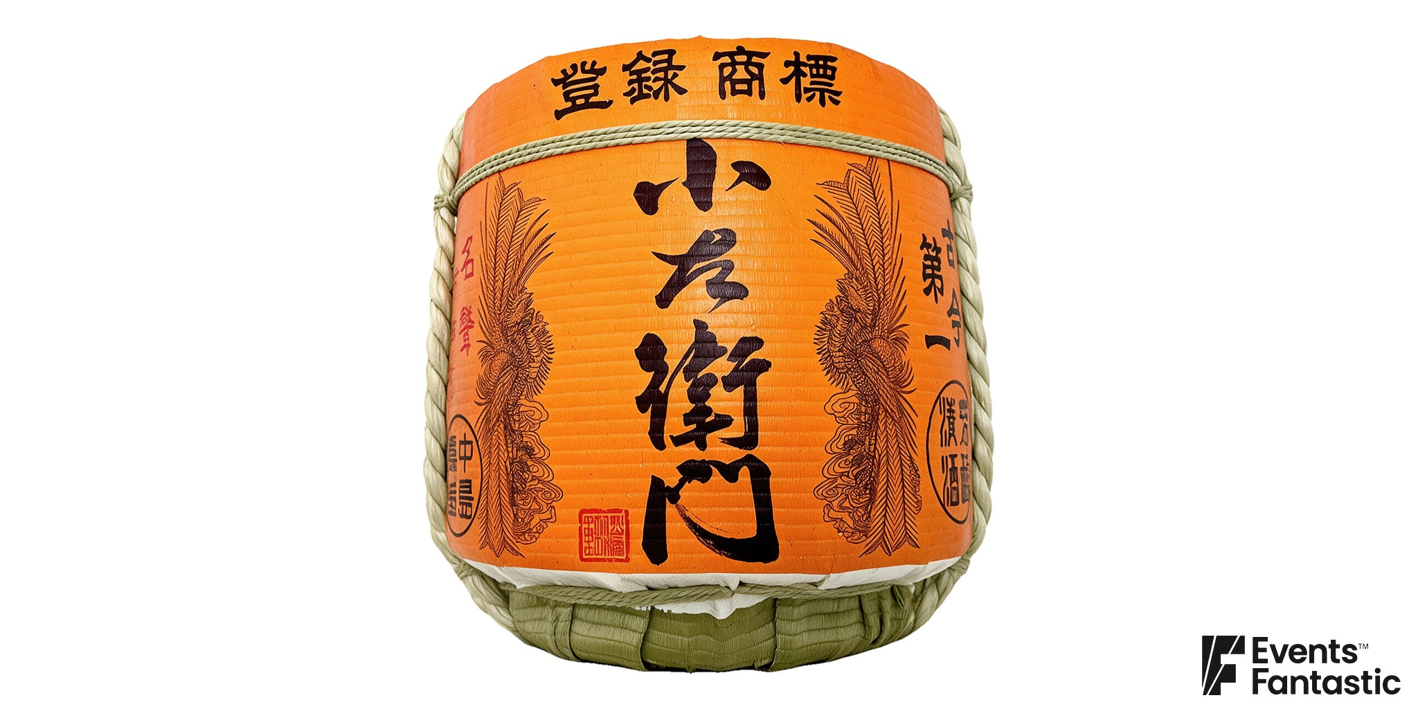 Orange Japanese Sake Barrel in bright orange with dark brush calligraphy, phoenix motifs and a woven wrap tied with rope, available to hire.