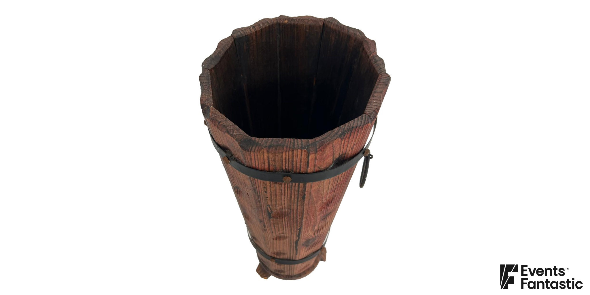 Tall Rustic Timber Bucket, a tapered red brown timber vessel with black iron bands and a side drop handle, available to hire.